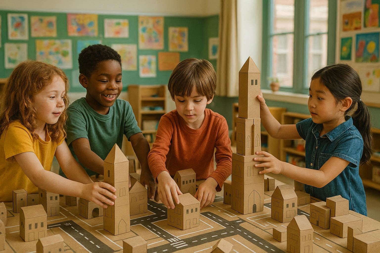 Children building a cardboard city together, towers, roads, and imagination in motion, classroom or community center setting