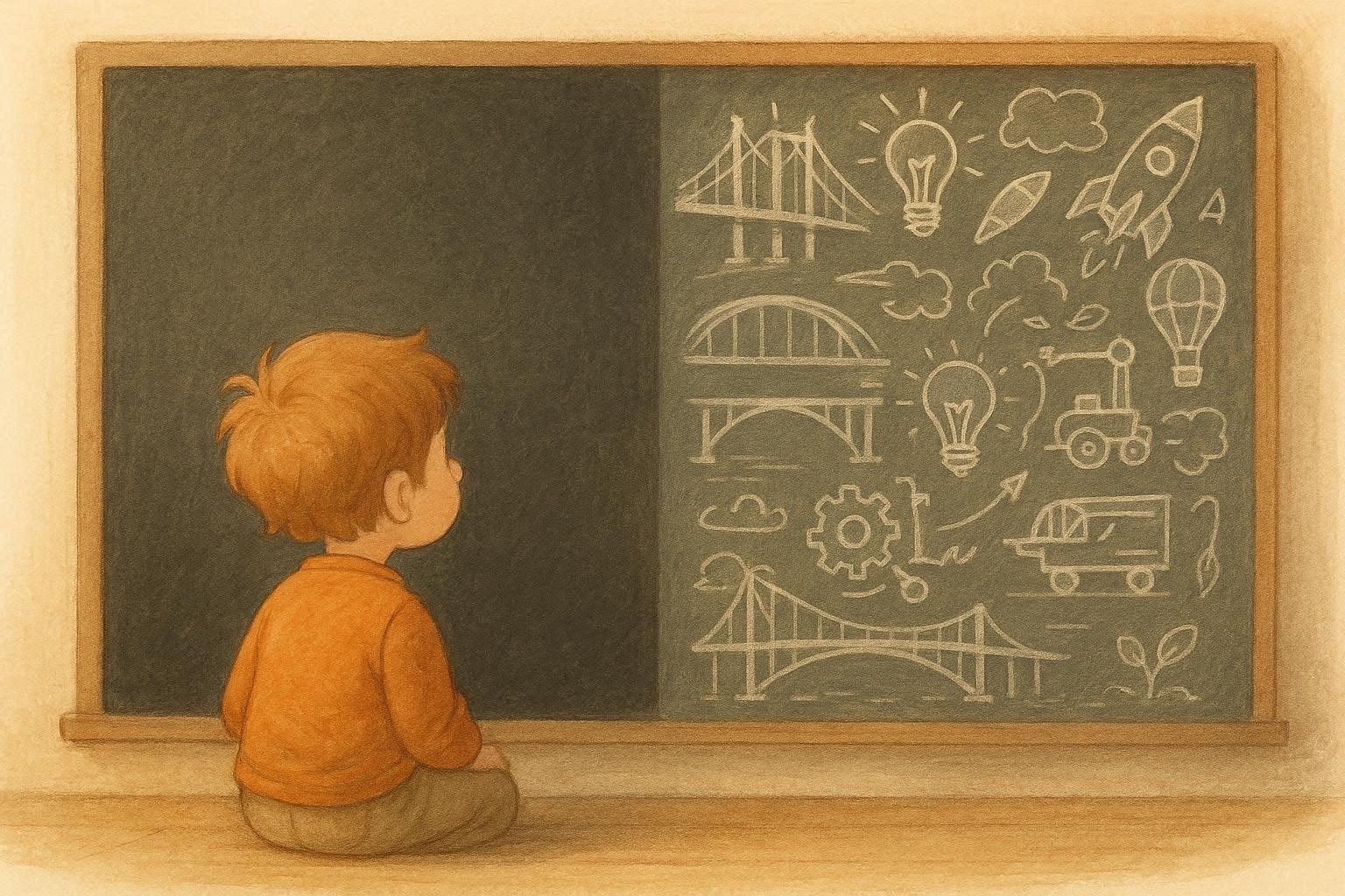  A child looking at a blank chalkboard that slowly transforms into drawings of bridges, machines, and creative ideas, soft illustrative style